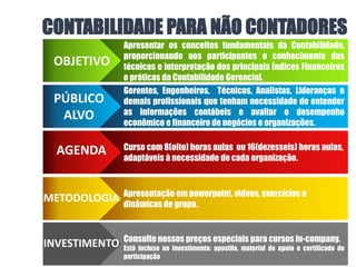 CONTABILIDADE PARA NÃO CONTADORES
OBJETIVO
PÚBLICO
ALVO
AGENDA
METODOLOGIA
Apresentar os conceitos fundamentais da Contabilidade,
proporcionando aos participantes o conhecimento das
técnicas e interpretação dos principais Índices Financeiros
e práticas da Contabilidade Gerencial.
Gerentes, Engenheiros, Técnicos, Analistas, Lideranças e
demais profissionais que tenham necessidade de entender
as informações contábeis e avaliar o desempenho
econômico e financeiro de negócios e organizações.
Curso com 8(oito) horas aulas ou 16(dezesseis) horas aulas,
adaptáveis à necessidade de cada organização.
Apresentação em powerpoint, videos, exercícios e
dinâmicas de grupo.
INVESTIMENTO Consulte nossos preços especiais para cursos in-company.
Está incluso no investimento: apostila, material de apoio e certificado de
participação
 