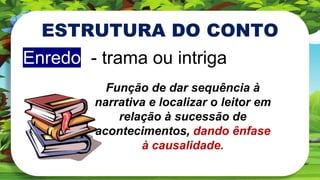 ESTRUTURA DO CONTO
Enredo - trama ou intriga
Função de dar sequência à
narrativa e localizar o leitor em
relação à sucessão de
acontecimentos, dando ênfase
à causalidade.
 