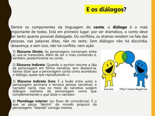 Dentre os componentes da linguagem do conto, o diálogo é o mais
importante de todos. Está em primeiro lugar; por ser dramático, o conto deve
ser tanto quanto possível dialogado. Os conflitos, os dramas residem na fala das
pessoas, nas palavras ditas, não no resto. Sem diálogos não há discórdia,
desavença, e sem isso, não há conflito, nem ação.
1) Discurso Direto: As personagens conversam entre
si; usa-se travessões. Além de ser o mais conhecido é,
também, predominante no conto.
2) Discurso Indireto: Quando o escritor resume a fala
da personagem em forma narrativa, sem destacá-la.
Vamos dizer que a personagem conta como aconteceu
o diálogo, quase que reproduzindo-o.
3) Discurso Indireto livre: É a fusão entre autor e
personagem (primeira e terceira pessoa narrativa); o
narrador narra, mas no meio da narrativa surgem
diálogos indiretos da personagem como que
complementando o que disse o narrador.
4) Monólogo interior (ou fluxo de consciência): É o
que se passa “dentro” do mundo psíquico da
personagem; “falando” consigo mesma.
E os diálogos?
 
