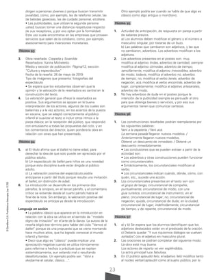 23
©
Santillana
S.A.
Prohibida
su
fotocopia.
Ley
11.723
dirigen a personas jóvenes o porque buscan transmitir
jovialidad, como, por ejemplo, las de telefonía celular, las
de bebidas gaseosas, las de cuidado personal, etcétera.
• Las publicidades, que utilizan la segunda persona
usted, buscan tomar una distancia respetuosa respecto
de sus receptores, y por eso optan por la formalidad.
Este uso suele encontrarse en las empresas que proveen
servicios que salen de lo cotidiano, como, por ejemplo,
asesoramiento para inversiones monetarias.
Página 93
3. Obra reseñada: Coppelia y Swanilda
Reseñadora: Karina Micheletto
Medio y sección de publicación: Página/12, sección
“Cultura y espectáculos”
Fecha de la reseña: 26 de mayo de 2019
Tipo de imágenes que presenta: fotografías del
espectáculo
• Se espera que los estudiantes observen que la
opinión y la valoración de la reseñadora es central en la
construcción del texto.
4. La valoración general que ofrece la reseñadora es
positiva. Sus argumentos se apoyan en la buena
interpretación de los actores, algunos de los cuales son
bailarines y a la vez actores; en los aciertos de la puesta
en escena, que se adaptó correctamente al público
infantil al suavizar el texto e incluir otros ritmos a la
pieza clásica; en la recepción del público, que respondió
con entusiasmo a todas las propuestas del ciclo, y en
los comentarios del director, quien pondera la obra en
relación con otras que han presentado.
Página 94
5. a) El título afirma que el ballet no tiene edad, para
desechar la idea de que solo puede ser apreciado por el
público adulto.
b) Un espectáculo de ballet para niños es una novedad
porque esta disciplina suele estar dirigida al público
adulto.
c) La valoración positiva del espectáculo podría
anticiparse a partir del título porque resulta una invitación
al ballet, sin distinción de edad.
6. La introducción se desarrolla en los primeros dos
párrafos; la sinopsis, en el tercer párrafo, y el comentario
crítico se extiende desde el cuarto párrafo hasta el
final de la nota. Sin embargo, la valoración positiva del
espectáculo se anticipa ya desde la introducción.
Lenguaje en acción
• La palabra clásico que aparece en la introducción en
relación con la obra se utiliza en el sentido de “modelo
digno de imitación” en el arte de la danza. La autora de la
reseña eligió ese término para hablar del ciclo “Vamos al
ballet” porque es una propuesta que se viene montando
hace muchos años, que ha logrado convocar al mundo
infantil y familiar.
• Decir que algo es “clásico” puede implicar una
apreciación negativa cuando se utiliza irónicamente
para referirse a hechos o prácticas que se repiten
sistemáticamente, aun estando mal o resultando
desafortunadas. Un ejemplo podría ser: “Volví a
olvidarme el celular, clásico…”
.
Otro ejemplo podría ser cuando se habla de que algo es
clásico como algo antiguo o monótono.
Página 95
1. Actividad de anticipación, de respuesta en pareja a partir
de saberes previos.
a) Los alumnos deben modificar el género y el número a
masculino singular, por tratarse de un buzo.
b) Las palabras que cambiaron son adjetivos, y las que
no cambiaron, adverbios. Los adverbios modifican a los
adjetivos.
2. Los adverbios presentes en el posteo son: muy,
modifica al adjetivo lindas, adverbio de cantidad; siempre
modifica al adjetivo cómodas, adverbio de tiempo;
sencillamente, modifica al adjetivo irresistibles, adverbio
de modo; todavía, modifica al adverbio no, adverbio
de tiempo; no, modifica al verbo tenés, adverbio de
negación; acá, modifica al verbo encontrás, adverbio de
lugar; completamente, modifica al adjetivo artesanales,
adverbio de modo.
3. No hay adverbios de duda en el posteo porque la
intención de la publicidad siempre es persuadir al otro
para que obtenga bienes o servicios, y por eso sus
argumentos tienen que comunicar certezas.
Página 96
1. Las construcciones resaltadas podrían reemplazarse por
las siguientes palabras:
Vení a la zapatería. / Vení acá.
La semana pasada llegaron nuevos modelos. /
Anteriormente llegaron nuevos modelos.
Obtené un descuento de inmediato. / Obtené un
descuento inmediatamente.
• Las conclusiones que se pueden extraer a partir de la
actividad son:
• Los adverbios y otras construcciones pueden funcionar
como circunstanciales.
• Sintácticamente, los circunstanciales modifican al
verbo.
• Los circunstanciales indican cuándo, dónde, cómo, con
quién, etc., sucede una acción.
3. Los circunstanciales presentes en el texto son con
el grupo de tango, circunstancial de compañía;
puntualmente, circunstancial de modo; con una
guía turística, circunstancial de instrumento; en el
plano, circunstancial de lugar; no, circunstancial de
negación; quizás, circunstancial de duda; en la ciudad,
circunstancial de lugar; indefinidamente, circunstancial
de tiempo, y de repente, circunstancial de modo.
Página 97
1. a) y b) Se espera que los alumnos identifiquen que los
adjetivos destacados están en el predicado de la oración.
c) Debería quedar “Y sus riquísimos diálogos se vuelven
soñados”
, con el adjetivo en masculino plural.
2. Las oraciones se podrían completar del siguiente modo:
La obra está muy buena.
Los actores de reparto se ven espléndidos.
La actriz principal luce fabulosa.
3. En El público aplaudió feliz, el adjetivo feliz modifica tanto
al núcleo verbal (aplaudir) como al sujeto público, por lo
 