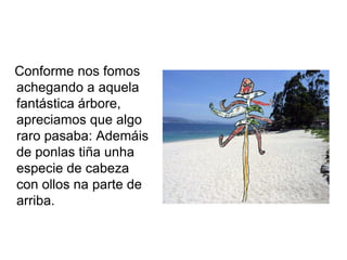 Conforme nos fomos
achegando a aquela
fantástica árbore,
apreciamos que algo
raro pasaba: Ademáis
de ponlas tiña unha
especie de cabeza
con ollos na parte de
arriba.
 
