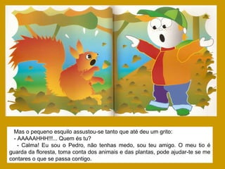 Mas o pequeno esquilo assustou-se tanto que até deu um grito:
- AAAAAHHH!!!... Quem és tu?
- Calma! Eu sou o Pedro, não tenhas medo, sou teu amigo. O meu tio é
guarda da floresta, toma conta dos animais e das plantas, pode ajudar-te se me
contares o que se passa contigo.
 