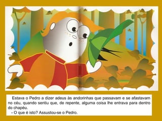 Estava o Pedro a dizer adeus às andorinhas que passavam e se afastavam
no céu, quando sentiu que, de repente, alguma coisa lhe entrava para dentro
do chapéu.
- O que é isto? Assustou-se o Pedro.
 