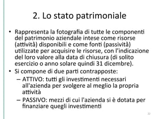 2.	
  Lo	
  stato	
  patrimoniale	
  
•  Rappresenta	
  la	
  fotograﬁa	
  di	
  tuPe	
  le	
  componenC	
  
del	
  patrimonio	
  aziendale	
  intese	
  come	
  risorse	
  
(aDvità̀)	
  disponibili	
  e	
  come	
  fonC	
  (passività̀)	
  
uClizzate	
  per	
  acquisire	
  le	
  risorse,	
  con	
  l’indicazione	
  
del	
  loro	
  valore	
  alla	
  data	
  di	
  chiusura	
  (di	
  solito	
  
esercizio	
  o	
  anno	
  solare	
  quindi	
  31	
  dicembre).	
  	
  
•  Si	
  compone	
  di	
  due	
  parC	
  contrapposte:	
  	
  
–  ATTIVO:	
  tuD	
  gli	
  invesCmenC	
  necessari	
  
all'azienda	
  per	
  svolgere	
  al	
  meglio	
  la	
  propria	
  
aDvità	
  	
  
–  PASSIVO:	
  mezzi	
  di	
  cui	
  l'azienda	
  si	
  è	
  dotata	
  per	
  
ﬁnanziare	
  quegli	
  invesCmenC	
  	
  
	
   22	
  
 