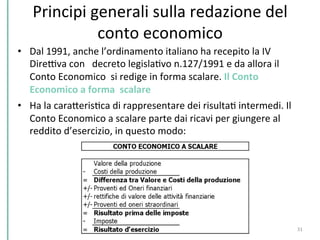 Principi	
  generali	
  sulla	
  redazione	
  del	
  
conto	
  economico	
  	
  
	
  •  Dal	
  1991,	
  anche	
  l’ordinamento	
  italiano	
  ha	
  recepito	
  la	
  IV	
  
DireDva	
  con	
  	
  	
  decreto	
  legislaCvo	
  n.127/1991	
  e	
  da	
  allora	
  il	
  
Conto	
  Economico	
  	
  si	
  redige	
  in	
  forma	
  scalare.	
  Il	
  Conto	
  
Economico	
  a	
  forma	
  	
  scalare	
  	
  
•  Ha	
  la	
  caraPerisCca	
  di	
  rappresentare	
  dei	
  risultaC	
  intermedi.	
  Il	
  
Conto	
  Economico	
  a	
  scalare	
  parte	
  dai	
  ricavi	
  per	
  giungere	
  al	
  
reddito	
  d’esercizio,	
  in	
  questo	
  modo:	
  
31	
  
 