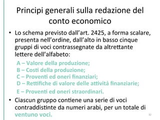  
Principi	
  generali	
  sulla	
  redazione	
  del	
  
conto	
  economico	
  	
  
	
  •  Lo	
  schema	
  previsto	
  dall’art.	
  2425,	
  a	
  forma	
  scalare,	
  
presenta	
  nell’ordine,	
  dall’alto	
  in	
  basso	
  cinque	
  
gruppi	
  di	
  voci	
  contrassegnate	
  da	
  altrePante	
  
lePere	
  dell’alfabeto:	
  	
  
	
  A	
  –	
  Valore	
  della	
  produzione;	
  
	
  B	
  –	
  CosK	
  della	
  produzione;	
  
	
  C	
  –	
  ProvenK	
  ed	
  oneri	
  ﬁnanziari;	
  
	
  D	
  –	
  ReWﬁche	
  di	
  valore	
  delle	
  aWvità	
  ﬁnanziarie;	
  	
  
	
  E	
  –	
  ProvenK	
  ed	
  oneri	
  straordinari.	
  	
  
•  Ciascun	
  gruppo	
  conCene	
  una	
  serie	
  di	
  voci	
  
contraddisCnte	
  da	
  numeri	
  arabi,	
  per	
  un	
  totale	
  di	
  
ventuno	
  voci.	
  	
   32	
  
 