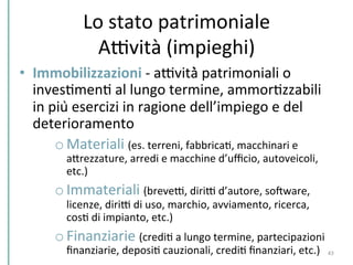 Lo	
  stato	
  patrimoniale	
  
ADvità	
  (impieghi)	
  
•  Immobilizzazioni	
  -­‐	
  aDvità̀	
  patrimoniali	
  o	
  
invesCmenC	
  al	
  lungo	
  termine,	
  ammorCzzabili	
  
in	
  più	
  esercizi	
  in	
  ragione	
  dell’impiego	
  e	
  del	
  
deterioramento	
  	
  
o Materiali	
  (es.	
  terreni,	
  fabbricaC,	
  macchinari	
  e	
  
aPrezzature,	
  arredi	
  e	
  macchine	
  d’uﬃcio,	
  autoveicoli,	
  
etc.)	
  
o Immateriali	
  (breveD,	
  diriD	
  d’autore,	
  soxware,	
  
licenze,	
  diriD	
  di	
  uso,	
  marchio,	
  avviamento,	
  ricerca,	
  
cosC	
  di	
  impianto,	
  etc.)	
  
o Finanziarie	
  (crediC	
  a	
  lungo	
  termine,	
  partecipazioni	
  
ﬁnanziarie,	
  deposiC	
  cauzionali,	
  crediC	
  ﬁnanziari,	
  etc.)	
  	
   43	
  
 