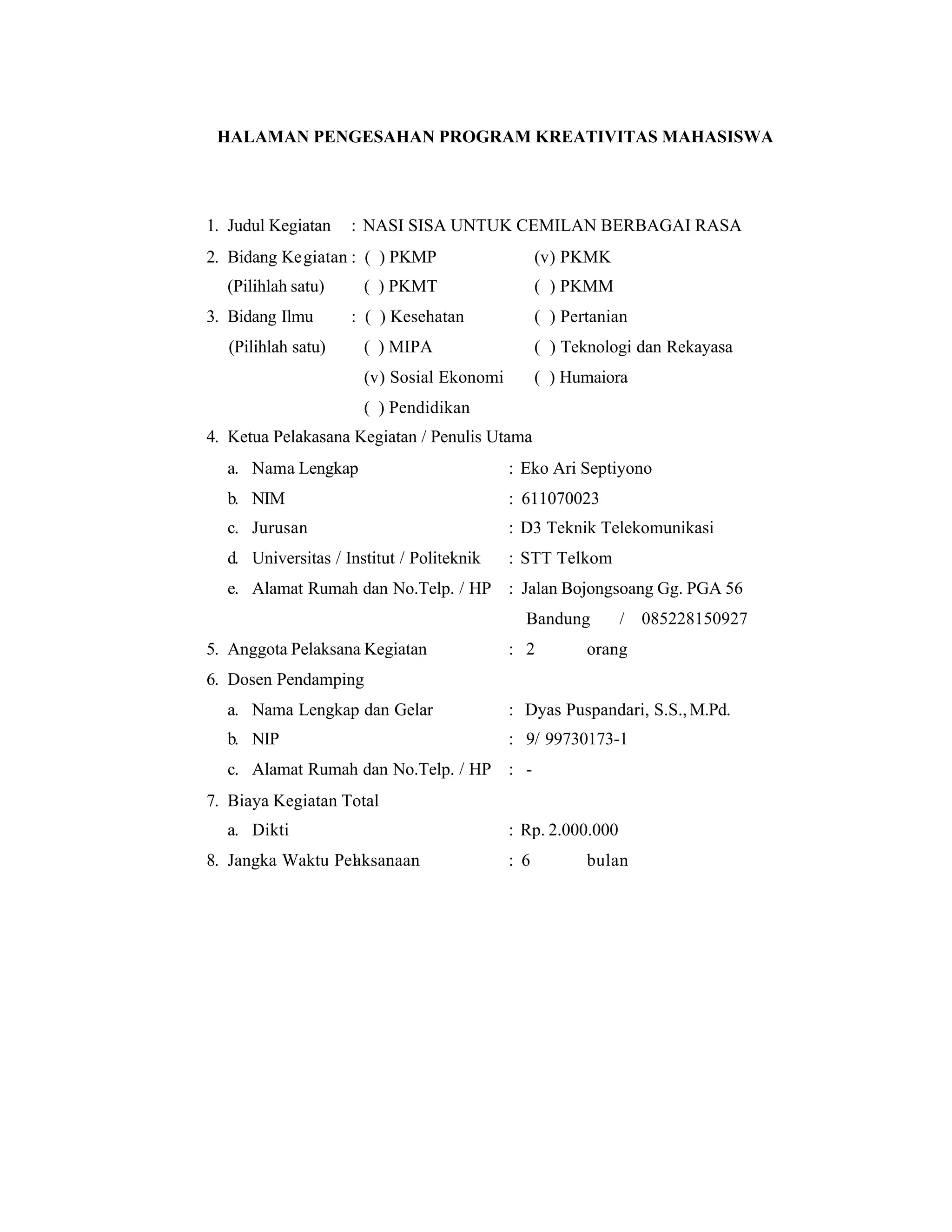 Contoh proposal pkm kewirausahaan | PDF