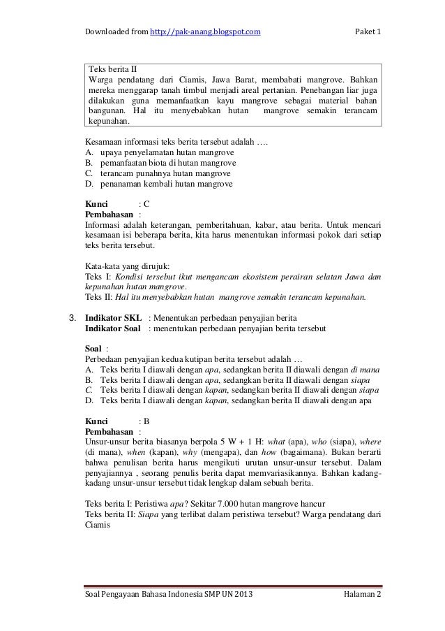 Contoh Soal Bahasa Indonesia1 Un Smp Per Skl