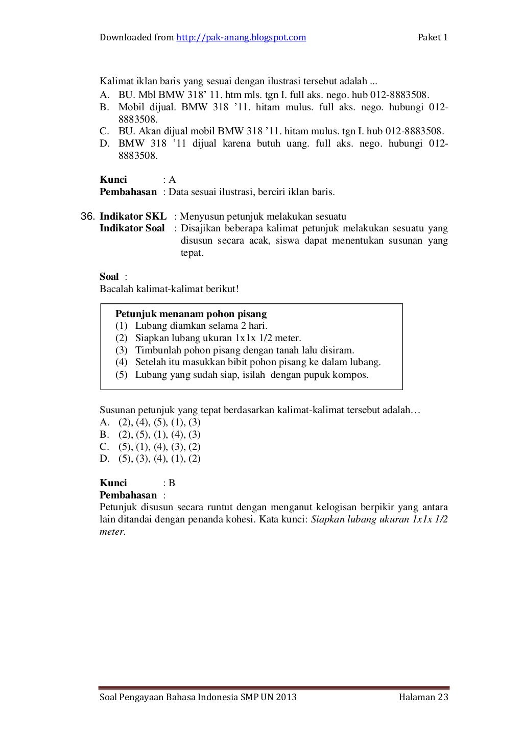 Contoh soal bahasa indonesia1 un smp per skl