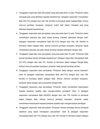 3. Tanggapan responden atas pernyataan yang ada pada (item 3) yaitu “Pimpinan selalu
menepati janji yang diberikan kepada bawahannya” sebagian responden menyatakan
Baik (65,71%) dengan skor nilai 146. Kondisi ini termasuk dalam kategori Baik. Artinya
menurut penilaian karyawan, pimpinan sudah baik dalam menepati janji yang
diberikan kepada bawahannya.
4. Tanggapan responden atas pernyataan yang ada pada (item 4) yaitu “Pimpinan selalu
memberikan petunjuk dan jalan keluar tentang masalah pekerjaan dengan baik”
sebagian responden menyatakan Baik (65,71%) dengan skor nilai 138. Kondisi ini
termasuk dalam kategori Baik. Artinya menurut penilaian karyawan, pimpinan dapat
memberikan petunjuk dan jalan keluar tentang masalah pekerjaan dengan baik.
5. Tanggapan responden atas pernyataan yang ada pada (item 5) yaitu “Pimpinan tidak
pernah bersikap otoriter terhadap bawahannya” sebagian responden menyatakan Baik
(57,14%) dengan skor nilai 141. Kondisi ini termasuk dalam kategori Sangat Baik.
Artinya menurut penilaian karyawan, pimpinan tidak pernah bersikap otoriter.
6. Tanggapan responden atas pernyataan “Pimpinan dekat dengan semua bawahan”
(item 6) sebagian responden menyatakan Baik (65,71%) dengan skor nilai 138.
Kondisi ini termasuk dalam kategori Baik. Artinya menurut penilaian karyawan,
pimpinan dekat dengan semua bawahan dengan baik.
7. Tanggapan responden atas pernyataan “Pimpinan selalu memberikan kesempatan
kepada bawahan apabila ingin mengemukakan pendapat” (item 7) sebagian
responden menyatakan Baik (40,00%) dengan skor nilai 139. Kondisi ini termasuk
dalam kategori Baik. Artinya menurut penilaian karyawan, pimpinan selalu
memberikan kesempatan kepada bawahan apabila ingin mengemukakan pendapat.
8. Tanggapan responden atas pernyataan “Pimpinan terbuka terhadap semua pendapat
bawahan yang dapat memajukan perusahaan” (item 8) sebagian responden
menyatakan Baik (45,71%) dengan skor nilai 135. Kondisi ini termasuk dalam kategori

 