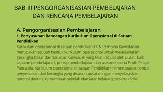 BAB III PENGORGANISASIAN PEMBELAJARAN
DAN RENCANA PEMBELAJARAN
A. Pengorganisasian Pembelajaran
1. Penyusunan Rancangan Kurikulum Operasional di Satuan
Pendidikan
Kurikulum operasional di satuan pendidikan TK N Pembina Kawedanan
merupakan sebuah bentuk kurikulum operasional untuk melaksanakan
Kerangka Dasar dan Struktur Kurikulum yang telah dibuat oleh pusat, baik
capaian pembelajaran, prinsip pembelajaran dan asesmen serta Profil Pelajar
Pancasila. Kurikulum operasional di satuan Pendidikan ini merupakan bentuk
penyesuaian dari kerangka yang disusun pusat dengan menyelaraskan
potensi daerah, kemampuan sekolah dan latar belakang peserta didik.
 