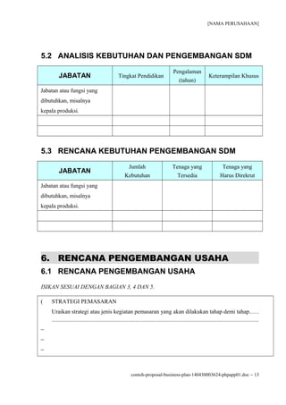[NAMA PERUSAHAAN]
5.2 ANALISIS KEBUTUHAN DAN PENGEMBANGAN SDM
JABATAN Tingkat Pendidikan
Pengalaman
(tahun)
Keterampilan Khusus
Jabatan atau fungsi yang
dibutuhkan, misalnya
kepala produksi.
5.3 RENCANA KEBUTUHAN PENGEMBANGAN SDM
JABATAN
Jumlah
Kebutuhan
Tenaga yang
Tersedia
Tenaga yang
Harus Direkrut
Jabatan atau fungsi yang
dibutuhkan, misalnya
kepala produksi.
6. RENCANA PENGEMBANGAN USAHA
6.1 RENCANA PENGEMBANGAN USAHA
ISIKAN SESUAI DENGAN BAGIAN 3, 4 DAN 5.
( STRATEGI PEMASARAN
Uraikan strategi atau jenis kegiatan pemasaran yang akan dilakukan tahap demi tahap......
...............................................................................................................................................
−
−
−
contoh-proposal-business-plan-140430003624-phpapp01.doc − 13
 
