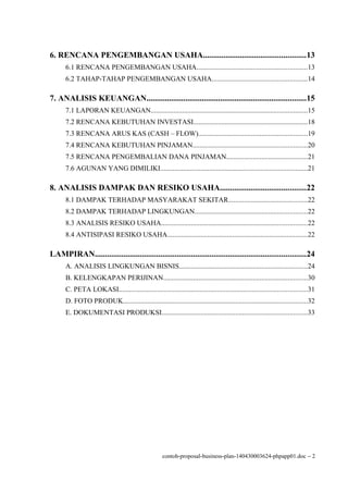 6. RENCANA PENGEMBANGAN USAHA..................................................13
6.1 RENCANA PENGEMBANGAN USAHA...............................................................13
6.2 TAHAP-TAHAP PENGEMBANGAN USAHA......................................................14
7. ANALISIS KEUANGAN..............................................................................15
7.1 LAPORAN KEUANGAN.........................................................................................15
7.2 RENCANA KEBUTUHAN INVESTASI.................................................................18
7.3 RENCANA ARUS KAS (CASH – FLOW)..............................................................19
7.4 RENCANA KEBUTUHAN PINJAMAN.................................................................20
7.5 RENCANA PENGEMBALIAN DANA PINJAMAN..............................................21
7.6 AGUNAN YANG DIMILIKI....................................................................................21
8. ANALISIS DAMPAK DAN RESIKO USAHA..........................................22
8.1 DAMPAK TERHADAP MASYARAKAT SEKITAR.............................................22
8.2 DAMPAK TERHADAP LINGKUNGAN................................................................22
8.3 ANALISIS RESIKO USAHA...................................................................................22
8.4 ANTISIPASI RESIKO USAHA................................................................................22
LAMPIRAN.......................................................................................................24
A. ANALISIS LINGKUNGAN BISNIS.........................................................................24
B. KELENGKAPAN PERIJINAN..................................................................................30
C. PETA LOKASI...........................................................................................................31
D. FOTO PRODUK.........................................................................................................32
E. DOKUMENTASI PRODUKSI...................................................................................33
contoh-proposal-business-plan-140430003624-phpapp01.doc − 2
 