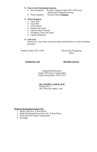 E. Peserta dan Pendamping Kegiatan
a. Peserta Kegiatan : Pramuka Anggota Gudep 12073-12074 yang
diperkirakan Sebanyak 40 orang
b. Panitia Kegiatan : Susunan Panitia Terlampir
F. Materi Kegiatan
a. Ujian Tulis
b. Ujian SKU
c. Ujian Praktek
d. Kegiatan tali temali
e. Upacara dalam Pramuka
f. Semaphore, Morse dan Sandi
g. Upacara Pelantikan
G. Lain-Lain
Hal-hal lain yang belum tercantum dalam pemberitahuan ini akan ditentukan
kemudian
Pembina Gudep 12073-12074
HARIONO, S.Pd
Dewan Kerja Penggalang
Ketua,
HENDRA BAGUS
Mengetahui/Menyetujui
Kepala MTS Negeri Tanjung Balit
Selaku kamabigudep 12073-12074
Drs. UMARUL FARUQ, M.Si
Pembina Tk. I
NIP. 19601020 198902 1 004
Tindasan disampaikan kepada Yth.
1. Bapak Camat Kec. X Koto Diatas
2. Bapak Kepala Kepolisian Sektor Kec. X Koto Diatas
3. Ibu Kepala MTS Negeri Tanjung Balit
4. Pertinggal
 