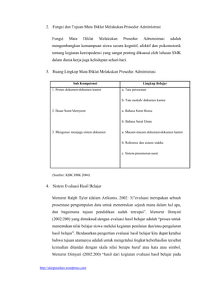 2. Fungsi dan Tujuan Mata Diklat Melakukan Prosedur Administrasi

        Fungsi       Mata      Diklat    Melakukan   Prosedur        Administrasi     adalah
        mengembangkan kemampuan siswa secara kognitif, afektif dan psikomotorik
        tentang kegiatan korespodensi yang sangat penting dikuasai oleh lulusan SMK
        dalam dunia kerja juga kehidupan sehari-hari.

    3. Ruang Lingkup Mata Diklat Melakukan Prosedur Administrasi

                        Sub Kompetensi                              Lingkup Belajar
        1. Proses dokumen-dokumen kantor             a. Tata persuratan


                                                     b. Tata naskah/ dokumen kantor


        2. Dasar Surat Menyurat                      a. Bahasa Surat Bisnis


                                                     b. Bahasa Surat Dinas


        3. Mengurus/ menjaga sistem dokumen          a. Macam-macam dokumen-dokumen kantor


                                                     b. Referensi dan sistem indeks


                                                     c. Sistem penomoran surat




        (Sumber: KBK SMK 2004)


    4. Sistem Evaluasi Hasil Belajar

        Menurut Ralph Tyler (dalam Arikunto, 2002: 3)”evaluasi merupakan sebuah
        prosentase pengumpulan data untuk menentukan sejauh mana dalam hal apa,
        dan bagaimana tujuan pendidikan sudah tercapai”. Menurut Dimyati
        (2002:200) yang dimaksud dengan evaluasi hasil belajar adalah “proses untuk
        menentukan nilai belajar siswa melalui kegiatan penilaian dan/atau penguluran
        hasil belajar”. Berdasarkan pengertian evaluasi hasil belajar kita dapat ketahui
        bahwa tujuan utamanya adalah untuk mengetahui tingkat keberhasilan tersebut
        kemudian ditandai dengan skala nilai berupa huruf atau kata atau simbol.
        Menurut Dimyati (2002:200) “hasil dari kegiatan evaluasi hasil belajar pada


http://skripsistikes.wordpress.com
 