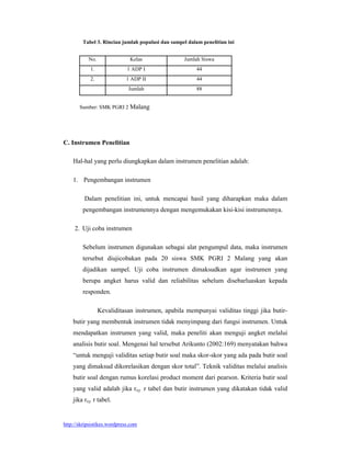 Tabel 3. Rincian jumlah populasi dan sampel dalam penelitian ini


           No.                Kelas               Jumlah Siswa
            1.               1 ADP I                    44
            2.               1 ADP II                   44
                              Jumlah                    88


       Sumber: SMK PGRI 2 Malang




C. Instrumen Penelitian

    Hal-hal yang perlu diungkapkan dalam instrumen penelitian adalah:

    1. Pengembangan instrumen

         Dalam penelitian ini, untuk mencapai hasil yang diharapkan maka dalam
        pengembangan instrumennya dengan mengemukakan kisi-kisi instrumennya.

     2. Uji coba instrumen

        Sebelum instrumen digunakan sebagai alat pengumpul data, maka instrumen
        tersebut diujicobakan pada 20 siswa SMK PGRI 2 Malang yang akan
        dijadikan sampel. Uji coba instrumen dimaksudkan agar instrumen yang
        berupa angket harus valid dan reliabilitas sebelum disebarluaskan kepada
        responden.

                 Kevaliditasan instrumen, apabila mempunyai validitas tinggi jika butir-
    butir yang membentuk instrumen tidak menyimpang dari fungsi instrumen. Untuk
    mendapatkan instrumen yang valid, maka peneliti akan menguji angket melalui
    analisis butir soal. Mengenai hal tersebut Arikunto (2002:169) menyatakan bahwa
    “untuk menguji validitas setiap butir soal maka skor-skor yang ada pada butir soal
    yang dimaksud dikorelasikan dengan skor total”. Teknik validitas melalui analisis
    butir soal dengan rumus korelasi product moment dari pearson. Kriteria butir soal
    yang valid adalah jika rxy r tabel dan butir instrumen yang dikatakan tidak valid
    jika rxy r tabel.


http://skripsistikes.wordpress.com
 