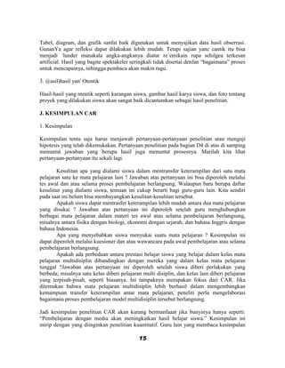Tabel, diagram, dan grafik sanfat baik digunakan untuk menyajikan data hasil obserrasi.
GunanYa agar refleksi dapat dilakukan lebih mudah. Tetapi sajian yanc cantik itu bisa
menjadi `lunder manakala angka-angkanya diatur re`emikain rupa sehilgea terkesan
artificial. Hasil yang bagite spektakeler seringkali tidak disertai denfan “bagaimana” proses
untuk mencapainya, sehingga pembaca akan makin ragu.

3. @asil)hasil yan' Otentik

Hasil-hasil yang ntentik seperti karangan siswa, gambar hasil karya siswa, dan foto tentang
proyek yang dilakukan siswa akan sangat baik dicantumkan sebagai hasil penelitian.

J. KESIMPULAN CAR

1. Kesimpulan

Kesimpulan tentu saja harus menjawab pertanyaan-pertanyaan penelitian atau menguji
hipotesis yang telah dikemukakan. Pertanyaan penelitian pada bagian D4 di atas di samping
menuntut jawaban yang berupa hasil juga menuntut prosesnya. Marilah kita lihat
pertanyaan-pertanyaan itu sekali lagi.

        Kesulitan apa yang dialami siswa dalam mentransfer keterampilan dari satu mata
pelajaran satu ke mata pelajaran lain ? Jawaban atas pertanyaan ini bisa diperoleh melalui
tes awal dan atau selama proses pembelajaran berlangsung. Walaupun baru berupa daftar
kesulitan yang dialami siswa, temuan ini cukup berarti bagi guru-guru lain. Kita sendiri
pada saat ini belum bisa membayangkan kesulitan-kesulitan tersebut.
        Apakah siswa dapat mentrasfer keterampilan lebih mudah antara dua mata pelajaran
yang disukai ? Jawaban atas pertanyaan ini diperoleh setelah guru menghubungkan
berbagai mata pelajaran dalam materi tes awal atau selama pembelajaran berlangsung,
misalnya antara fisika dengan biologi, ekonomi dengan sejarah, dan bahasa Inggris dengan
bahasa Indonesia.
        Apa yang menyebabkan siswa menyukai suatu mata pelajaran ? Kesimpulan ini
dapat diperoleh melalui kuesioner dan atau wawancara pada awal pembelajaran atau selama
pembelajaran berlangsung.
        Apakah ada perbedaan antara prestasi belajar siswa yang belajar dalam kelas mata
pelajaran multidisiplin dibandingkan dengan mereka yang dalam kelas mata pelajaran
tunggal ?Jawaban atas pertanyaan ini diperoleh setelah siswa diberi perlakukan yang
berbeda; misalnya satu kelas diberi pelajaran multi disiplin, dan kelas lain diberi pelajaran
yang terpisah-pisah, seperti biasanya. Ini tampaknya merupakan fokus dari CAR. Jika
ditemukan bahwa mata pelajaran multidisiplin lebih berhasil dalam mengembangkan
kemampuan transfer keterampilan antar mata pelajaran, peneliti perlu mengelaborasi
bagaimana proses pembelajaran model multidisiplin tersebut berlangsung.

Jadi kesimpulan penelitian CAR akan kurang bermanfaaat jika bunyinya hanya seperti:
“Pembelajaran dengan media akan meningkatkan hasil belajar siswa.” Kesimpulan ini
mirip dengan yang diinginkan penelitian kuantitatif. Guru lain yang membaca kesimpulan

                                            15
 