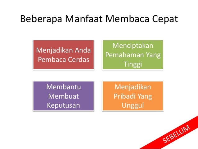 Beberapa Manfaat Membaca Cepat
Menjadikan Anda
Pembaca Cerdas
Menciptakan
Pemahaman Yang
Tinggi
Membantu
Membuat
Keputusan
Menjadikan
Pribadi Yang
Unggul
 
