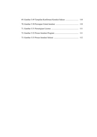 69. Gambar 5.49 Tampilan Konfirmasi Koneksi Sukses .......................... 110
70. Gambar 5.50 Persiapan Untuk Instalasi .............................................. 110
71. Gambar 5.51 Persetujuan License ....................................................... 111
72. Gambar 5.52 Proses Instalasi Program ................................................ 111
73. Gambar 5.53 Proses Instalasi Selesai .................................................. 112
 