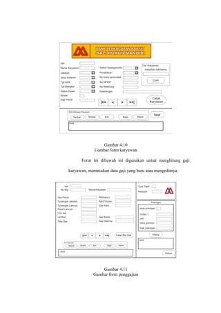 Gambar 4.10
Gambar form karyawan
Form ini dibawah ini digunakan untuk menghitung gaji
karyawan, memasukan data gaji yang baru atau mengeditnya.
Gambar 4.11
Gambar form penggajian
 