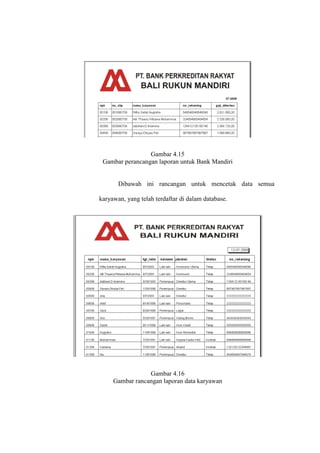 Gambar 4.15
Gambar perancangan laporan untuk Bank Mandiri
Dibawah ini rancangan untuk mencetak data semua
karyawan, yang telah terdaftar di dalam database.
Gambar 4.16
Gambar rancangan laporan data karyawan
 