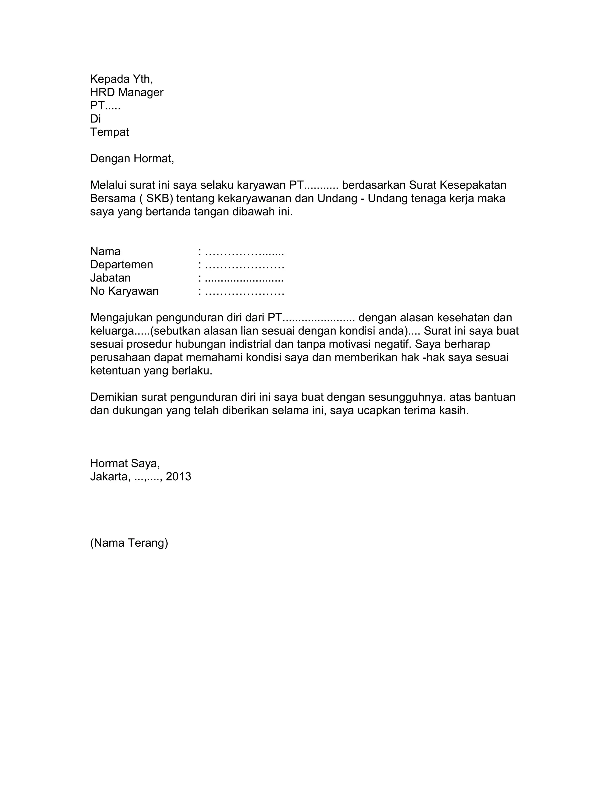 contoh surat resign kerja