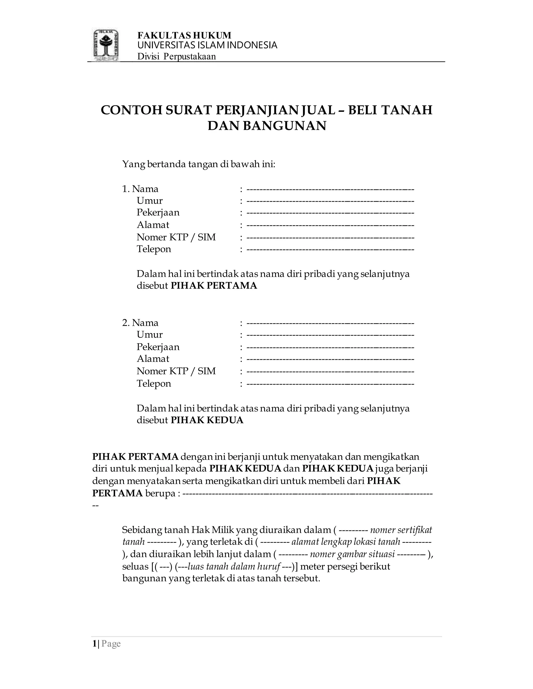 Contoh surat-perjanjian-jual-beli-tanah-dan-bangunan2-fh-uii | DOCX
