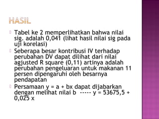    Tabel ke 2 memperlihatkan bahwa nilai
    sig. adalah 0,041 (lihat hasil nilai sig pada
    uji korelasi)
   Seberapa besar kontribusi IV terhadap
    perubahan DV dapat dilihat dari nilai
    agjusted R square (0,11) artinya adalah
    perubahan pengeluaran untuk makanan 11
    persen dipengaruhi oleh besarnya
    pendapatan
   Persamaan y = a + bx dapat dijabarkan
    dengan melihat nilai b ----- y = 53675,5 +
    0,025 x
 