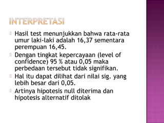    Hasil test menunjukkan bahwa rata-rata
    umur laki-laki adalah 16,37 sementara
    perempuan 16,45.
   Dengan tingkat kepercayaan (level of
    confidence) 95 % atau 0,05 maka
    perbedaan tersebut tidak signifikan.
   Hal itu dapat dilihat dari nilai sig. yang
    lebih besar dari 0,05.
   Artinya hipotesis null diterima dan
    hipotesis alternatif ditolak
 