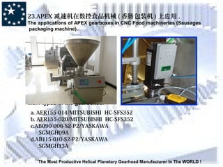 The Most Productive Helical Planetary Gearhead Manufacturer In The WORLD !
23.APEX 速机在数控食品机械减 ( 香 包装机肠 ) 上 用应 .
The applications of APEX gearboxes in CNC Food machineries (Sausages
packaging machine).
Main types of the gearboxes:
a. AER155-014/MITSUBISHI HC-SFS352
b. AER155-020/MITSUBISHI HC-SFS352
c.AB090-006-S2-P2/YASKAWA
SGMGH09A
d.AB115-010-S2-P2/YASKAWA
SGMGH13A
 