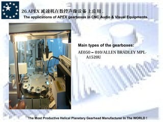 The Most Productive Helical Planetary Gearhead Manufacturer In The WORLD !
26.APEX 速机在数控声像 上 用减 设备 应 .
The applications of APEX gearboxes in CNC Audio & Visual Equipments.
Main types of the gearboxes:
AE050 – 010/ALLEN BRADLEY MPL-
A1520U
 