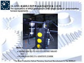 The Most Productive Helical Planetary Gearhead Manufacturer In The WORLD !
28.APEX 速机在数控 晶或多晶炉 上 用减 单 设备 应 .
The applications of APEX gearboxes in CNC single crystal or polycrystalline
furnace equipments.
Main types of the gearboxes:
a.AB090-100-S2-P1/SANYO DENKI M818T-
031
c.PG080A-50/DELTA ASMT07L250BK
 