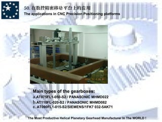 50. 在数控精密移 平台上的 用动 应
The applications in CNC Precision Positioning platforms
The Most Productive Helical Planetary Gearhead Manufacturer In The WORLD !
Main types of the gearboxes:
a.AT075FL1-050-S2 / PANASONIC MHMD022
b.AT110FL-020-S2 / PANASONIC MHMD082
c. AT090FL1-015-S2/SIEMENS/1FK7 032-5AK71
 
