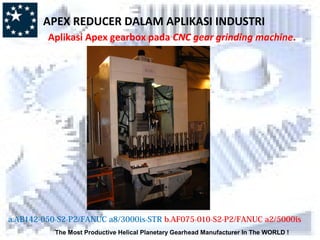 The Most Productive Helical Planetary Gearhead Manufacturer In The WORLD !
a.AB142-050-S2-P2/FANUC a8/3000is-STR b.AF075-010-S2-P2/FANUC a2/5000is
APEX REDUCER DALAM APLIKASI INDUSTRI
Aplikasi Apex gearbox pada CNC gear grinding machine.
 