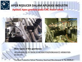 The Most Productive Helical Planetary Gearhead Manufacturer In The WORLD !
Main types of the gearboxes :
AF100-004-S2-P1/BOSCH REXROTH(INDRAMAT)-MSK070D-
0150-NN
APEX REDUCER DALAM APLIKASI INDUSTRI
Aplikasi Apex gearbox pada CNC mesin cetak.
 