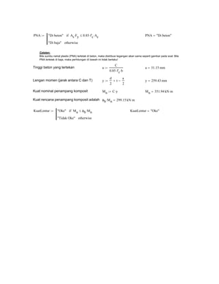 PNA :=

"Di beton" if As⋅ Fy ≤ 0.85⋅ f'c⋅ Ac

PNA = "Di beton"

"Di baja" otherwise
Catatan:
Bila sumbu netral plastis (PNA) terletak di beton, maka distribusi tegangan akan sama seperti gambar pada soal. Bila
PNA terletak di baja, maka perhitungan di bawah ini tidak berlaku!

Tinggi beton yang tertekan

a :=

Lengan momen (jarak antara C dan T)

y :=

Kuat nominal penampang komposit

C

a = 31.15 mm

0.85⋅ f'c⋅ b
d
2

+t−

a

y = 259.43 mm

2

M n := C⋅ y

M n = 351.94 kN⋅ m

Kuat rencana penampang komposit adalah φb ⋅ M n = 299.15 kN⋅ m
KuatLentur :=

"Oke" if M u ≤ φb ⋅ M n
"Tidak Oke" otherwise

KuatLentur = "Oke"

 