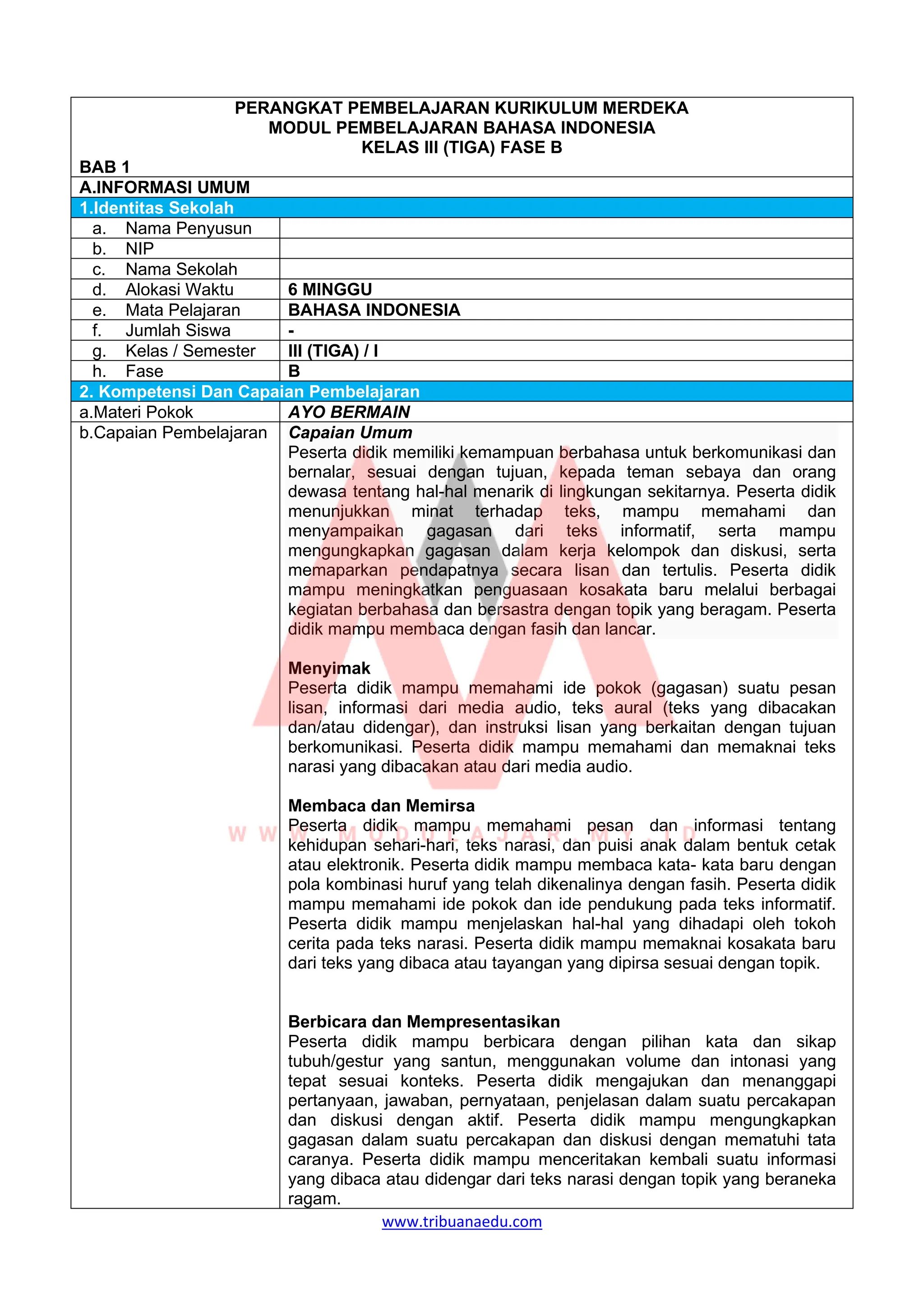 Modul Ajar B Indonesia Kelas 3 Kurikulum Merdeka | PDF