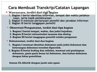 Cara Membuat Transkrip/Catatan Lapangan
 Wawancara, terdiri dari tiga bagian
1. Bagian I berisi identitas informan, tempat dan waktu pelaksa-
naan, serta topik pembicaraan
2. Bagian II memuat pertanyaan peneliti dan jawaban informan
3. Bagian III berisi tanggapan peneliti
 Observasi/Pengamatan, terdiri dari tiga bagian
1. Bagian I berisi tempat, waktu, dan judul kejadian.
2. Bagian II berisi rekonstruksi suasana dan dialog.
3. Bagian III berisi tanggapan peneliti selaku pengamat.
 Dokumentasi, terdiri dari dua bagian
1. Bagian I memuat identitas dokumen yaitu judul dokumen dan
keterangan dokumen tersebut diperoleh.
2. Bagian II berisi koding dan refleksi, memuat arti pentingnya
dokumen, garis-garis besar isi dokumen, dan kaitan dokumen
dengan fokus penelitian.
Semua CL diketik dengan jarak satu spasi.
 