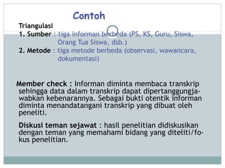 Contoh
Triangulasi
1. Sumber : tiga informan berbeda (PS, KS, Guru, Siswa,
Orang Tua Siswa, dsb.)
2. Metode : tiga metode berbeda (observasi, wawancara,
dokumentasi)
Member check : Informan diminta membaca transkrip
sehingga data dalam transkrip dapat dipertanggungja-
wabkan kebenarannya. Sebagai bukti otentik informan
diminta menandatangani transkrip yang dibuat oleh
peneliti.
Diskusi teman sejawat : hasil penelitian didiskusikan
dengan teman yang memahami bidang yang diteliti/fo-
kus penelitian.
 