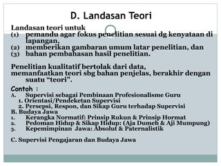 D. Landasan Teori
Landasan teori untuk
(1) pemandu agar fokus penelitian sesuai dg kenyataan di
lapangan,
(2) memberikan gambaran umum latar penelitian, dan
(3) bahan pembahasan hasil penelitian.
Penelitian kualitatif bertolak dari data,
memanfaatkan teori sbg bahan penjelas, berakhir dengan
suatu “teori”.
Contoh :
A. Supervisi sebagai Pembinaan Profesionalisme Guru
1. Orientasi/Pendeketan Supervisi
2. Persepsi, Respon, dan Sikap Guru terhadap Supervisi
B. Budaya Jawa
1. Kerangka Normatif: Prinsip Rukun & Prinsip Hormat
2. Pedoman Hidup & Sikap Hidup: (Aja Dumeh & Aji Mumpung)
3. Kepemimpinan Jawa: Absolut & Paternalistik
C. Supervisi Pengajaran dan Budaya Jawa
 
