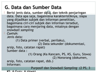 G. Data dan Sumber DataG. Data dan Sumber Data
 Berisi jenis data, sumber data, dan teknik penjaringanBerisi jenis data, sumber data, dan teknik penjaringan
data. Data apa saja, bagaimana karakteristiknya, siapadata. Data apa saja, bagaimana karakteristiknya, siapa
yang dijadikan subjek dan informan penelitian,yang dijadikan subjek dan informan penelitian,
bagaimana ciri-ciri subjek dan informan tersebut,bagaimana ciri-ciri subjek dan informan tersebut,
bagaimana cara menjaring data, misalnya denganbagaimana cara menjaring data, misalnya dengan
snowball samplingsnowball sampling
 Contoh:Contoh:
Jenis data:Jenis data:
(1) Data primer (verbal, perilaku),(1) Data primer (verbal, perilaku),
(2) Data sekunder (dokumentasi,(2) Data sekunder (dokumentasi,
arsip, foto, catatan rapat)arsip, foto, catatan rapat)
Sumber data :Sumber data :
(1) Orang (Ka Kancam, PS, KS, Guru, Siswa)(1) Orang (Ka Kancam, PS, KS, Guru, Siswa)
(2) Nonorang (dokumen,(2) Nonorang (dokumen,
arsip, foto, catatan rapat, dsb.)arsip, foto, catatan rapat, dsb.)
Informan:Informan:
Purposif danPurposif dan Snowball SamplingSnowball Sampling (2 PS, 3(2 PS, 3
 