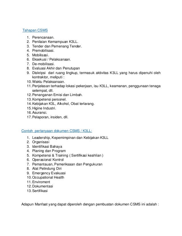 MANFAAT DOKUMEN CSMS UNTUK PERUSAHAAN KONTRAKTOR I telp 