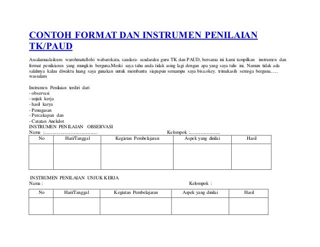 Contoh format dan instrumen penilaian tk