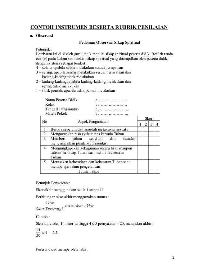 Contoh instrumen dan rubrik  penilaian 