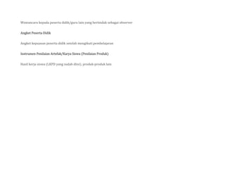 Wawancara kepada peserta didik/guru lain yang bertindak sebagai observer
Angket Peserta Didik
Angket kepuasan peserta didik setelah mengikuti pembelajaran
Instrumen Penilaian Artefak/Karya Siswa (Penilaian Produk)
Hasil kerja siswa (LKPD yang sudah diisi), produk-produk lain
 