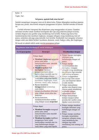Modul Ajar Kurikulum Merdeka
Modul Ajar IPA SMP Fase D Kelas VIII
Kelas : 8
Topik : Sel
Sel punca, apakah baik atau buruk?
Setelah mempelajari mengenai stem sel di dalam kelas, Pelajar diharapkan membuat paparan
berupa esai, poster, atau komik mengenai penggunaan sel punca. Ikutilah instruksi di bawah
ini:
Carilah informasi mengenai dua eksperimen yang menggunakan sel punca. Gunakan
informasi tersebut untuk membuat kesimpulan dari apa yang telah kita pelajari di kelas,
sertakan diagram atau gambar yang mendukung riset tersebut. Kalian juga harus bisa
mendeskripsikan dan membuat ringkasan, mengapa sebagian orang mendukung riset sel
punca, sementara ada juga yang menolak riset tersebut. Kaitkanlah riset mengenai sel punca
dengan salah satu faktor berikut: kesehatan, ekonomi, sosial, budaya, etika, dan lingkungan.
Di bawah ini adalah rubrik untuk menilai pencapaian pelajar
Bagaimana Sains berdampak untuk kehidupan
Level pencapaian Deskripsi Diindikasikan dengan
Sangat mahir
Pelajar dapat
 Membuat ringkasan mengenai
peran sains untuk
menyelesaikan suatu masalah
atau isu khusus.
 Mendeskripsikan dan
meringkas implikasi
penggunaan Sains dalam
memecahkan masalah atau isu
yang berhubungan dengan
suatu faktor yang telah dipilih
(kesehatan, lingkungan, sosial,
ekonomi, moral, etika, budaya)
 Secara konsisten
menggunakan terminologi
sains dalam
mengkomunikasikan informasi
yang didapat secara jelas dan
terperinci.
 Secara konsisten
mendokumentasikan sumber
yang didapat secara terperinci
 Pelajar mampu meringkas
informasi yang
berhubungan dengan sel
punca.
 Pelajar mampu
mendeskripsikan dan
meringkas, mengapa
sebagian orang mendukung
dan sebagian lagi menolak
riset tentang sel punca. .
 Pelajar menggunakan
terminologi sains secara
jelas dan terperinci dalam
produk mereka.
 Pelajar menyediakan
gambar atau diagram yang
relevan untuk mendukung
isi produk sebagai
representasi visual.
 Pelajar menyertakan
kutipan maupun daftar
pustaka dari sumber yang
dipakai secara konsisten.
Mahir
Pelajar dapat:
 Membuat kerangka mengenai
peran sains untuk
menyelesaikan suatu masalah
atau isu khusus.
 Membuat kerangka implikasi
penggunaan Sains untuk
memecahkan masalah atau isu
yang berhubungan dengan
suatu faktor yang telah dipilih
 Pelajar mampu membuat
kerangka informasi yang
berhubungan dengan sel
punca.
 Pelajar mampu membuat
kerangka menjelaskan
mengenai sebagian orang
yang mendukung dan
sebagian lagi tidak
mendukung riset tentang sel
punca.
 