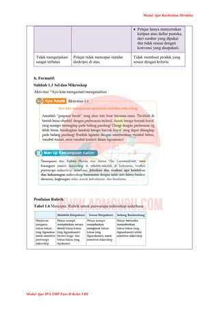 Modul Ajar Kurikulum Merdeka
Modul Ajar IPA SMP Fase D Kelas VIII
 Pelajar hanya menyertakan
kutipan atau daftar pustaka,
dari sumber yang dipakai
dan tidak sesuai dengan
konvensi yang disepakati.
Tidak mengerjakan/
sangat terbatas
Pelajar tidak mencapai standar
deskripsi di atas.
Tidak membuat produk yang
sesuai dengan kriteria
b. Formatif:
Subbab 1.1 Sel dan Mikroskop
Aktivitas “Ayo kita mengamati/menganalisis
Penilaian Rubrik
Tabel 1.6 Mencipta: Rubrik untuk purwarupa mikroskop sederhana
 