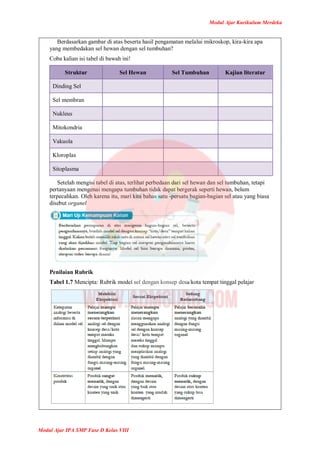 Modul Ajar Kurikulum Merdeka
Modul Ajar IPA SMP Fase D Kelas VIII
Berdasarkan gambar di atas beserta hasil pengamatan melalui mikroskop, kira-kira apa
yang membedakan sel hewan dengan sel tumbuhan?
Coba kalian isi tabel di bawah ini!
Struktur Sel Hewan Sel Tumbuhan Kajian literatur
Dinding Sel
Sel membran
Nukleus
Mitokondria
Vakuola
Kloroplas
Sitoplasma
Setelah mengisi tabel di atas, terlihat perbedaan dari sel hewan dan sel tumbuhan, tetapi
pertanyaan mengenai mengapa tumbuhan tidak dapat bergerak seperti hewan, belum
terpecahkan. Oleh karena itu, mari kita bahas satu -persatu bagian-bagian sel atau yang biasa
disebut organel
Penilaian Rubrik
Tabel 1.7 Mencipta: Rubrik model sel dengan konsep desa/kota tempat tinggal pelajar
 
