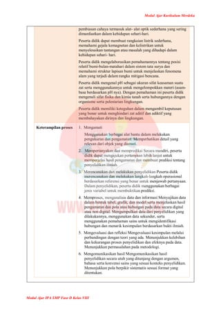 Modul Ajar Kurikulum Merdeka
Modul Ajar IPA SMP Fase D Kelas VIII
pembiasan cahaya termasuk alat- alat optik sederhana yang sering
dimanfaatkan dalam kehidupan sehari-hari.
Peserta didik dapat membuat rangkaian listrik sederhana,
memahami gejala kemagnetan dan kelistrikan untuk
menyelesaikan tantangan atau masalah yang dihadapi dalam
kehidupan sehari- hari.
Peserta didik mengelaborasikan pemahamannya tentang posisi
relatif bumi-bulan-matahari dalam sistem tata surya dan
memahami struktur lapisan bumi untuk menjelaskan fenomena
alam yang terjadi dalam rangka mitigasi bencana.
Peserta didik mengenal pH sebagai ukuran sifat keasaman suatu
zat serta menggunakannya untuk mengelompokkan materi (asam-
basa berdasarkan pH nya). Dengan pemahaman ini peserta didik
mengenali sifat fisika dan kimia tanah serta hubungannya dengan
organisme serta pelestarian lingkungan.
Peserta didik memiliki keteguhan dalam mengambil keputusan
yang benar untuk menghindari zat aditif dan adiktif yang
membahayakan dirinya dan lingkungan.
Keterampilan proses 1. Mengamati
Menggunakan berbagai alat bantu dalam melakukan
pengukuran dan pengamatan. Memperhatikan detail yang
relevan dari objek yang diamati.
2. Mempertanyakan dan memprediksi Secara mandiri, peserta
didik dapat mengajukan pertanyaan lebih lanjut untuk
memperjelas hasil pengamatan dan membuat prediksi tentang
penyelidikan ilmiah.
3. Merencanakan dan melakukan penyelidikan Peserta didik
merencanakan dan melakukan langkah-langkah operasional
berdasarkan referensi yang benar untuk menjawab pertanyaan.
Dalam penyelidikan, peserta didik menggunakan berbagai
jenis variabel untuk membuktikan prediksi.
4. Memproses, menganalisis data dan informasi Menyajikan data
dalam bentuk tabel, grafik, dan model serta menjelaskan hasil
pengamatan dan pola atau hubungan pada data secara digital
atau non digital. Mengumpulkan data dari penyelidikan yang
dilakukannya, menggunakan data sekunder, serta
menggunakan pemahaman sains untuk mengidentifikasi
hubungan dan menarik kesimpulan berdasarkan bukti ilmiah.
5. Mengevaluasi dan refleksi Mengevaluasi kesimpulan melalui
perbandingan dengan teori yang ada. Menunjukkan kelebihan
dan kekurangan proses penyelidikan dan efeknya pada data.
Menunjukkan permasalahan pada metodologi.
6. Mengomunikasikan hasil Mengomunikasikan hasil
penyelidikan secara utuh yang ditunjang dengan argumen,
bahasa serta konvensi sains yang sesuai konteks penyelidikan.
Menunjukkan pola berpikir sistematis sesuai format yang
ditentukan.
 